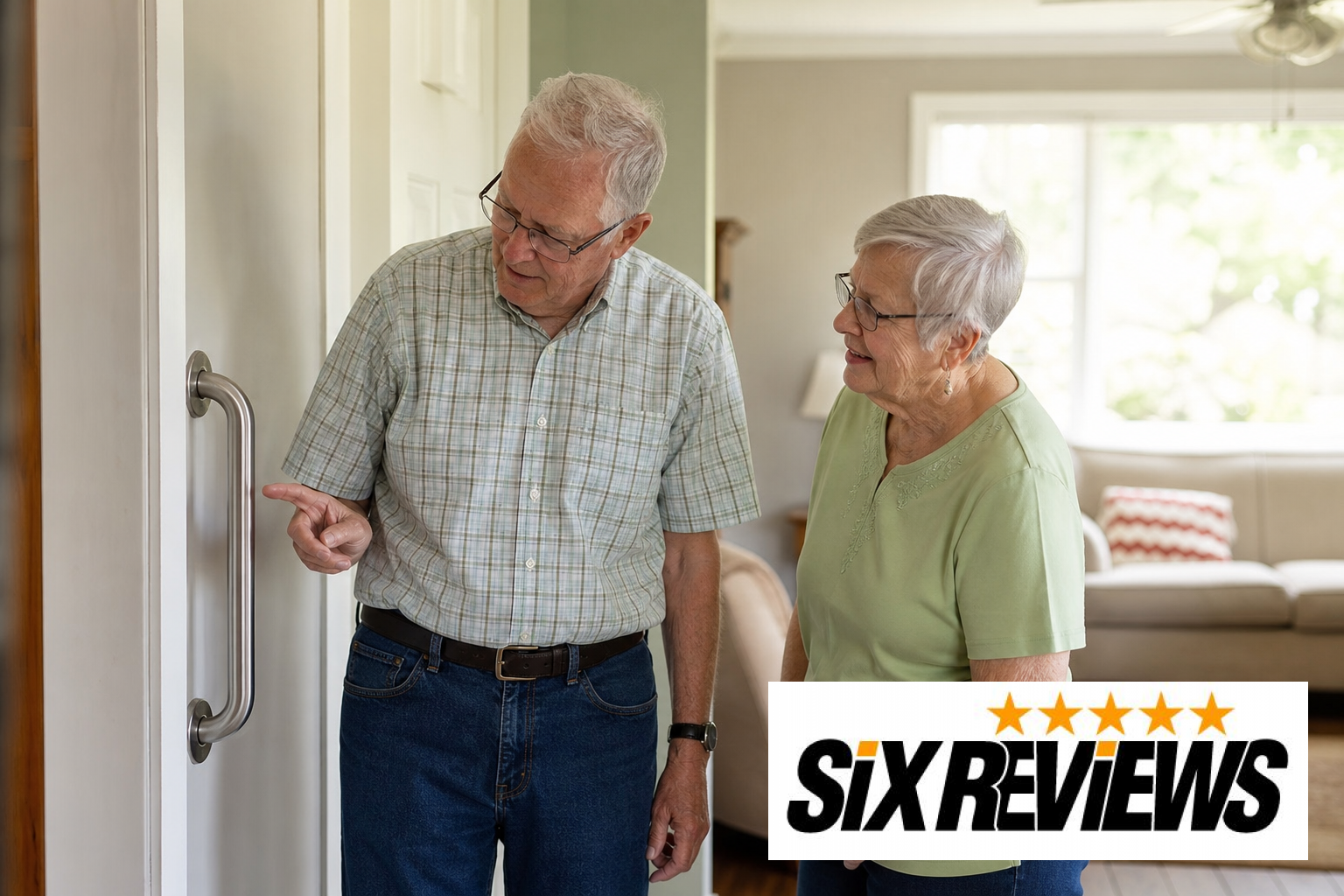 Senior couple checking home safety features like grab bars