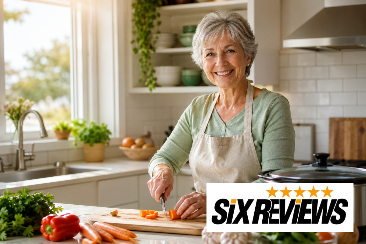 Smiling senior woman cooking a simple healthy meal in her home kitchen