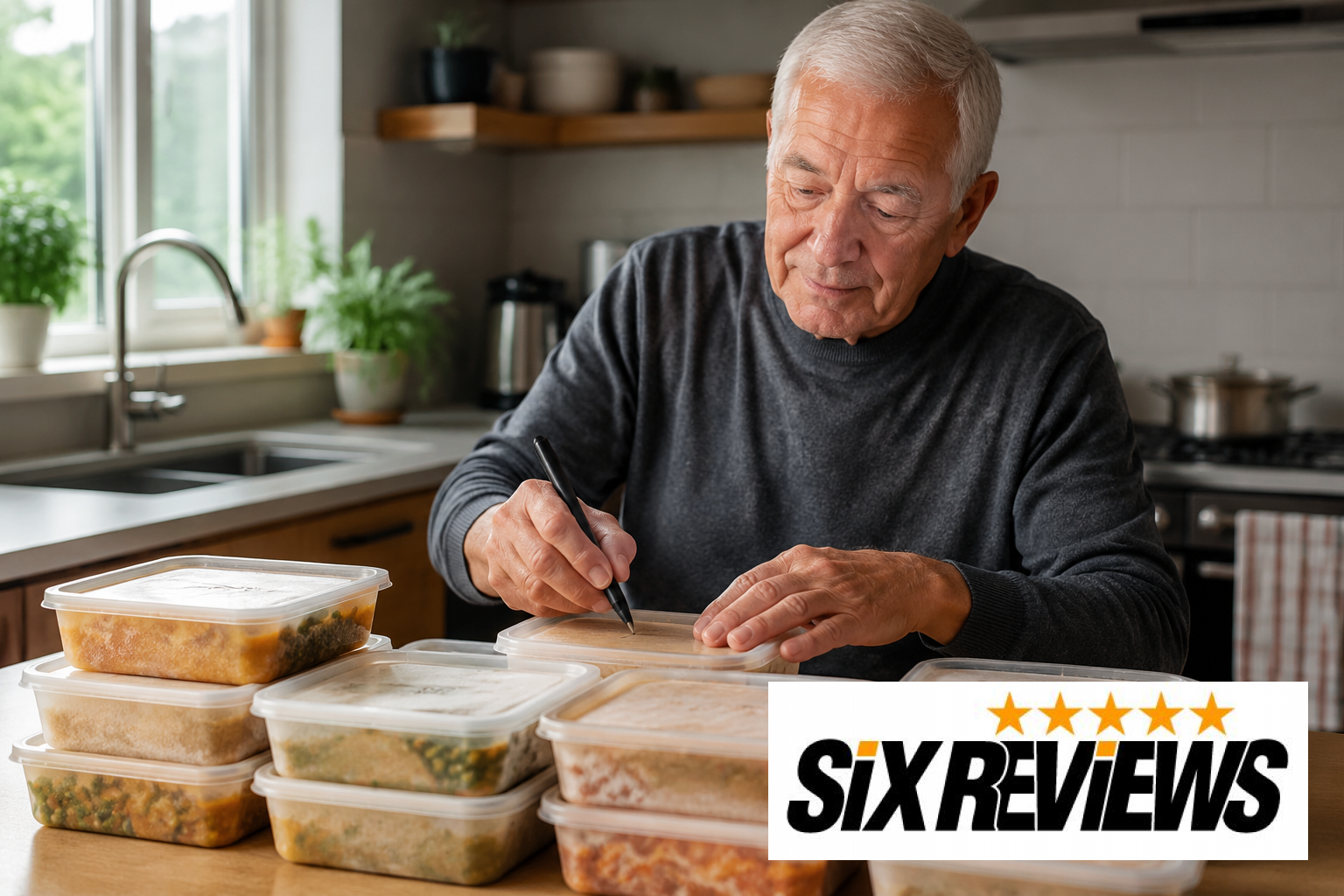 Senior man labeling single-serving freezer meal containers in his kitchen