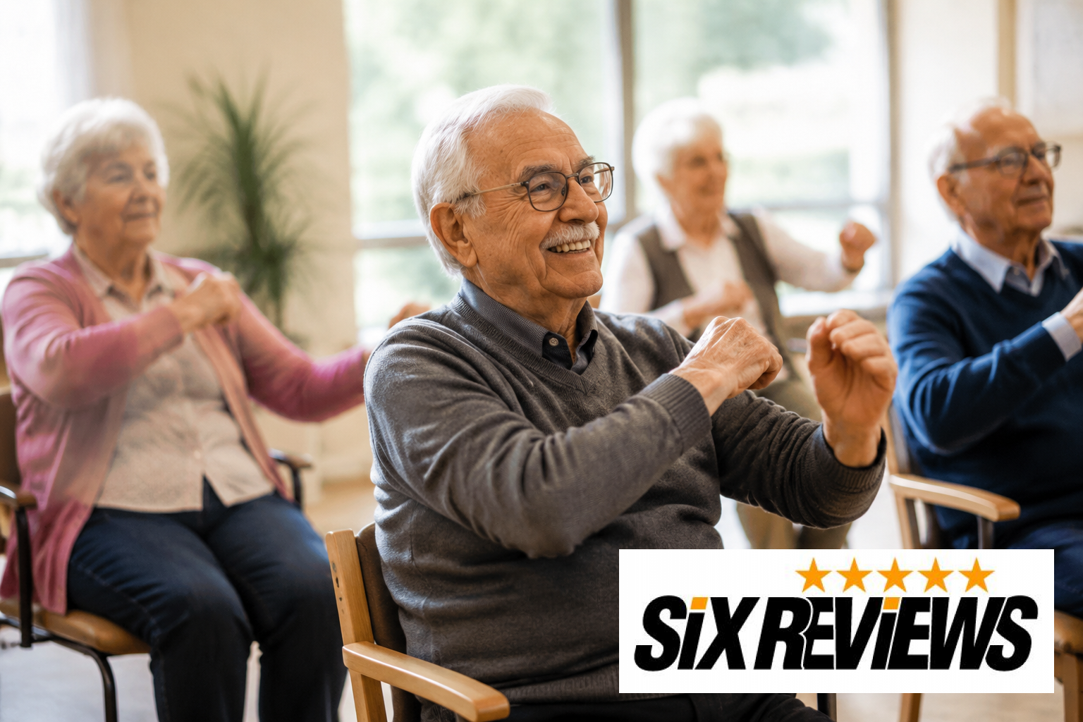 Senior man smiling while doing a seated chair dance routine with a group