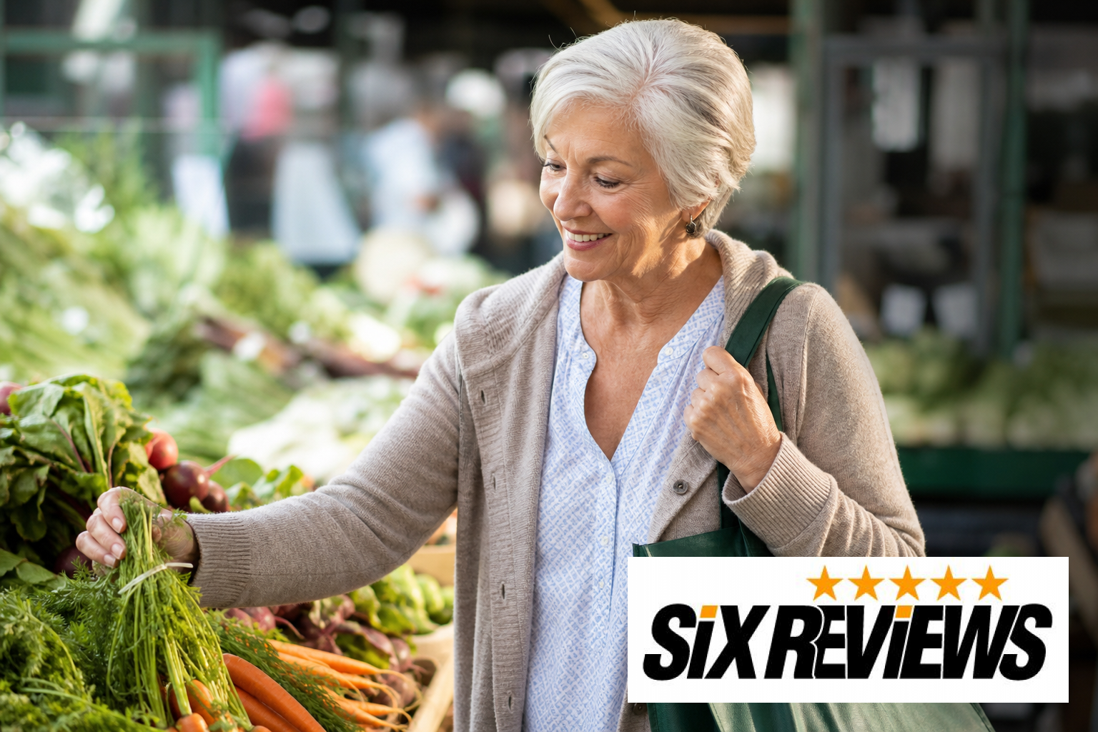 Senior woman choosing fresh produce at a grocery store
