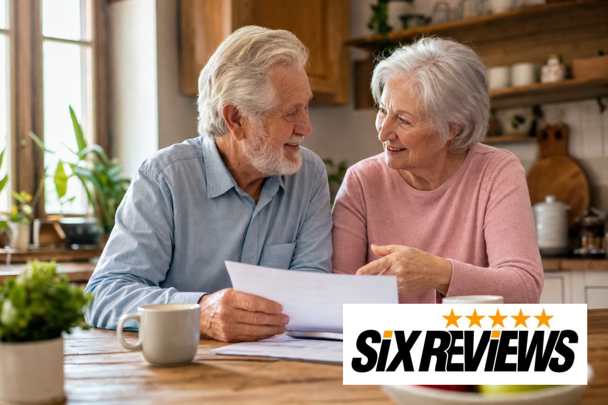 Senior couple sitting together at a kitchen table discussing paperwork