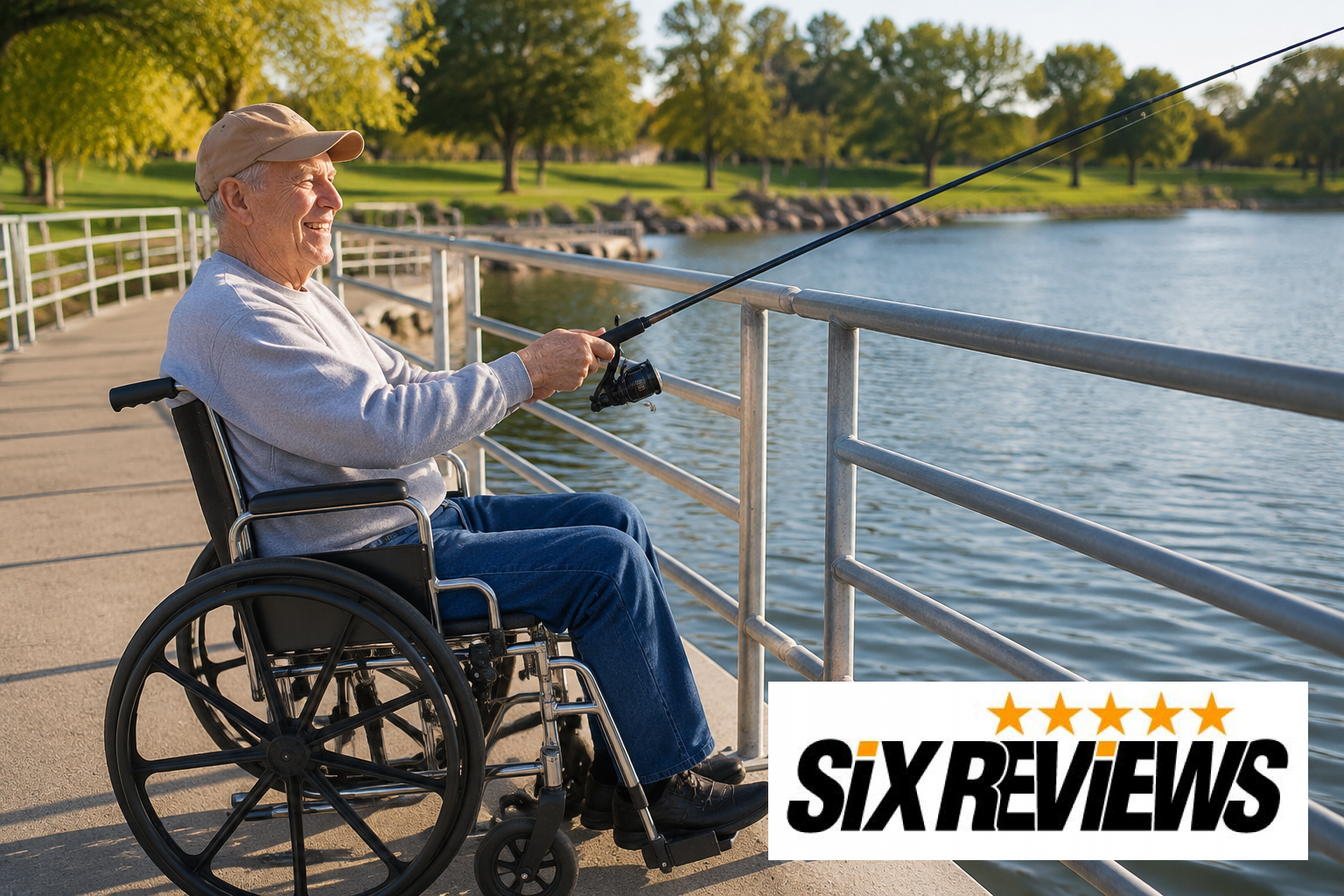 Senior man in a wheelchair fishing from an accessible pier with railings
