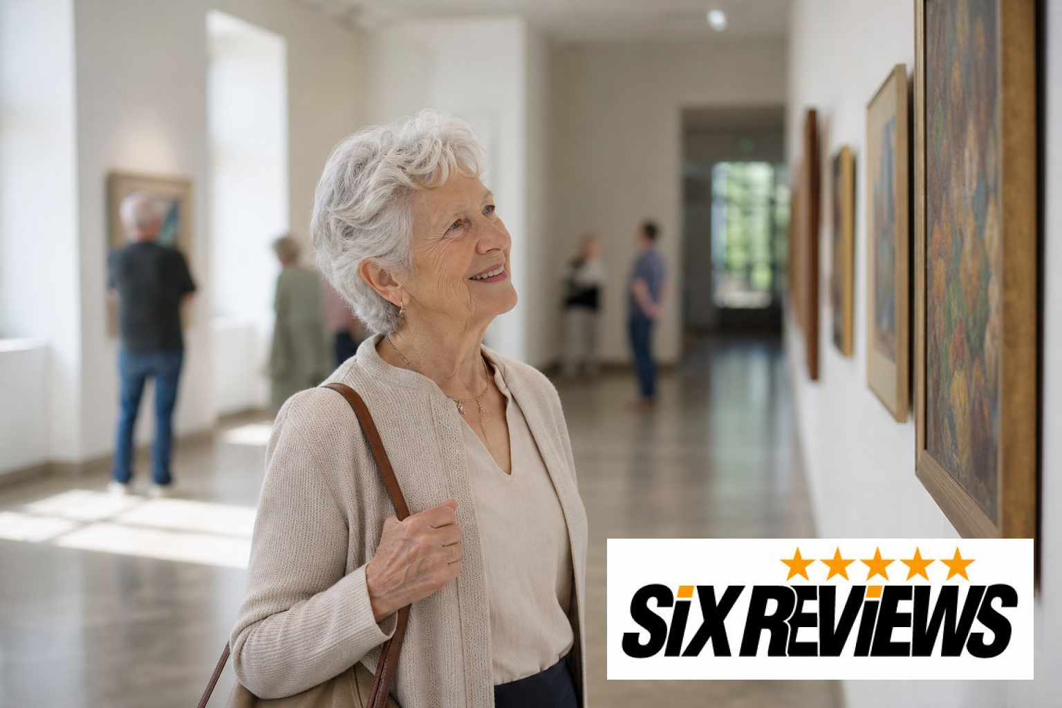 Senior woman enjoying artwork in a museum gallery