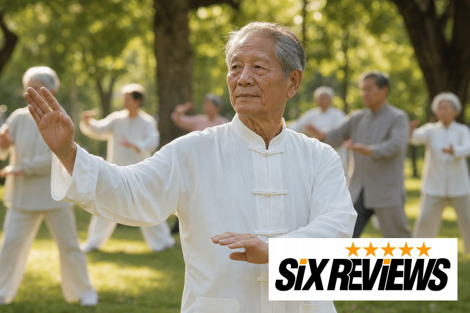 Senior man practicing slow Tai Chi movements outdoors in a sunny park