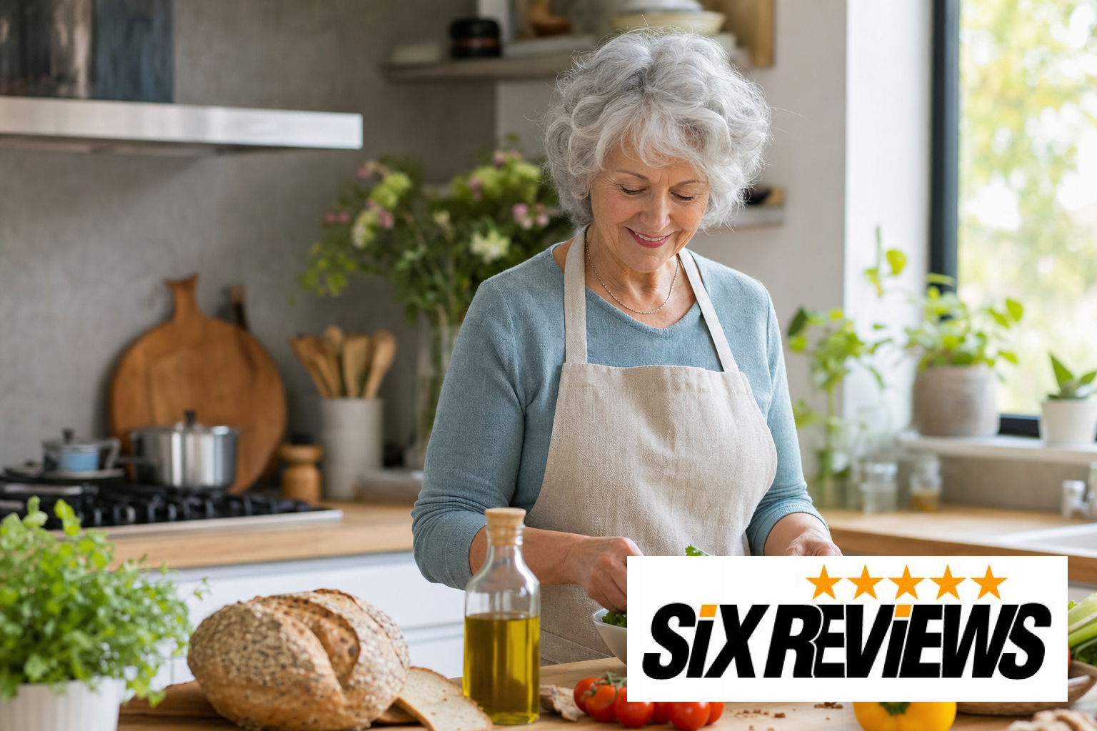 Senior woman preparing a heart-healthy meal with vegetables and olive oil in her kitchen