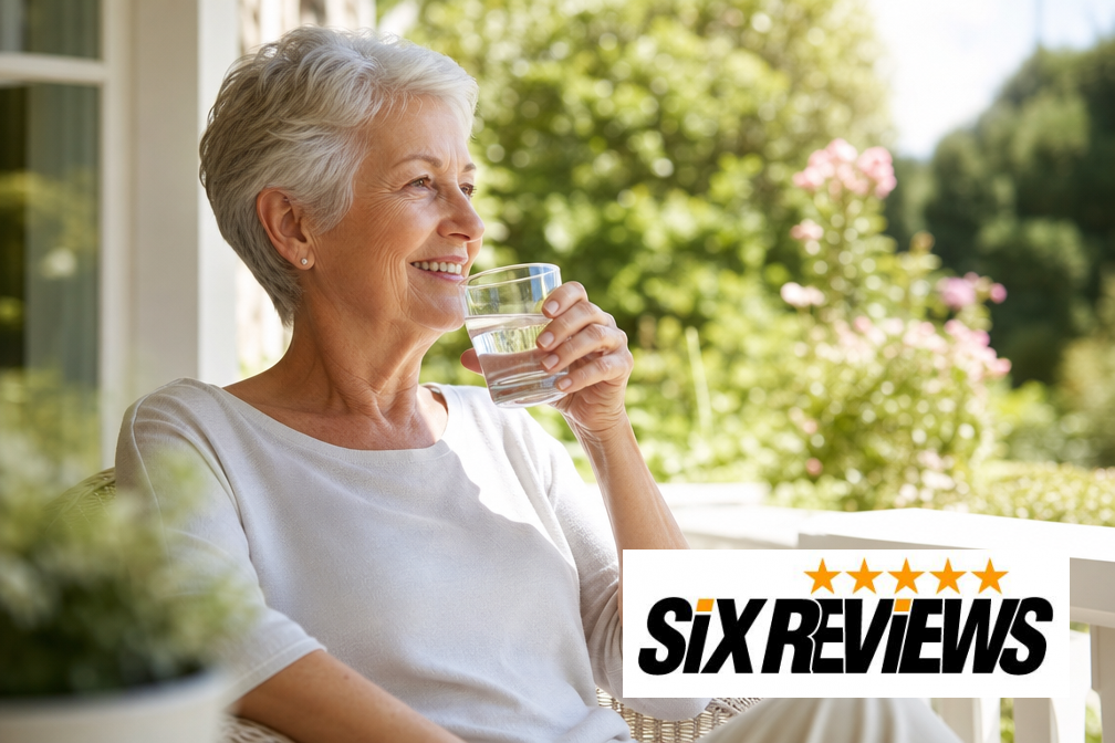 Smiling senior woman drinking a glass of water on a sunny porch