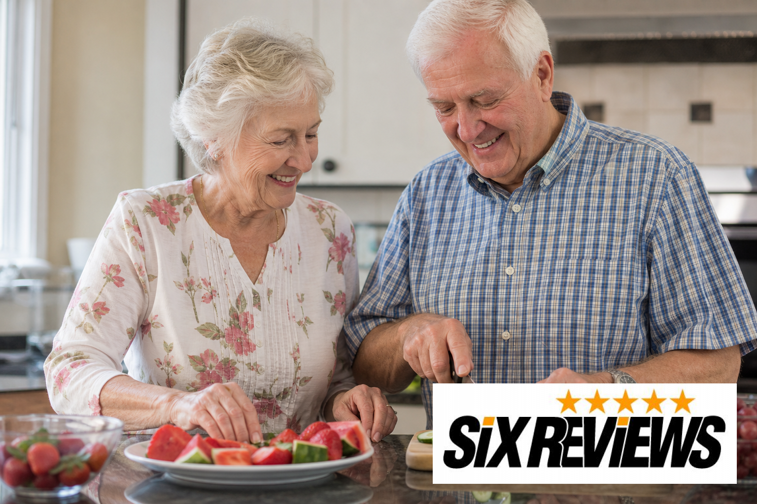 Senior couple preparing a plate of watermelon, strawberries, and cucumber in the kitchen
