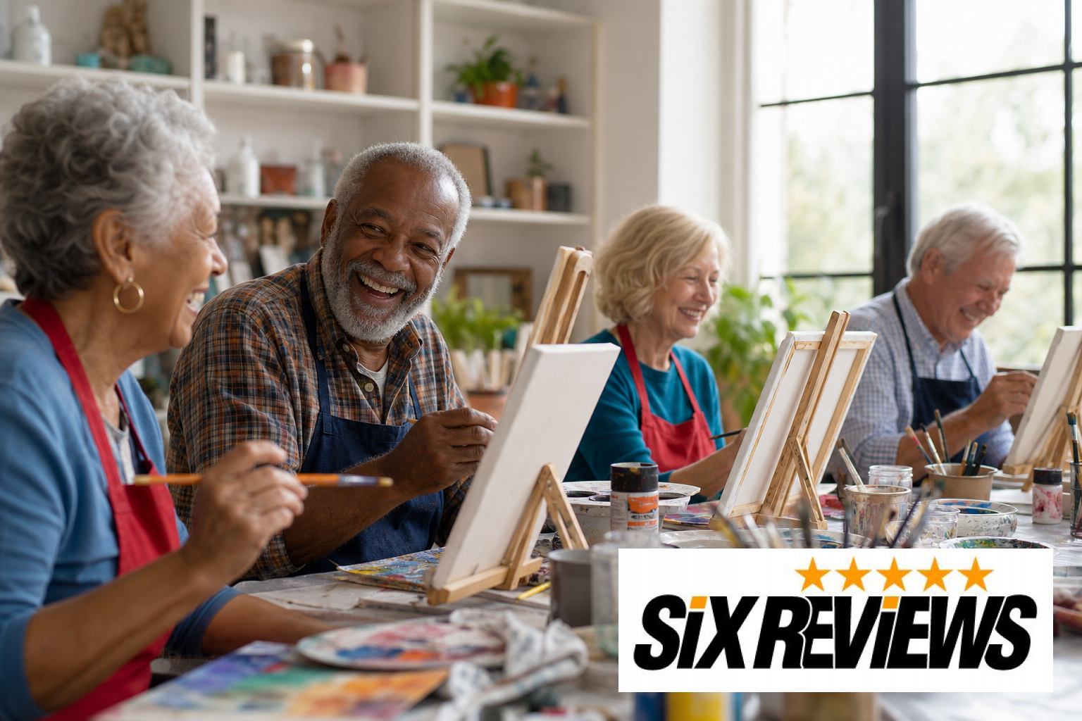 Group of seniors painting together at a community art class