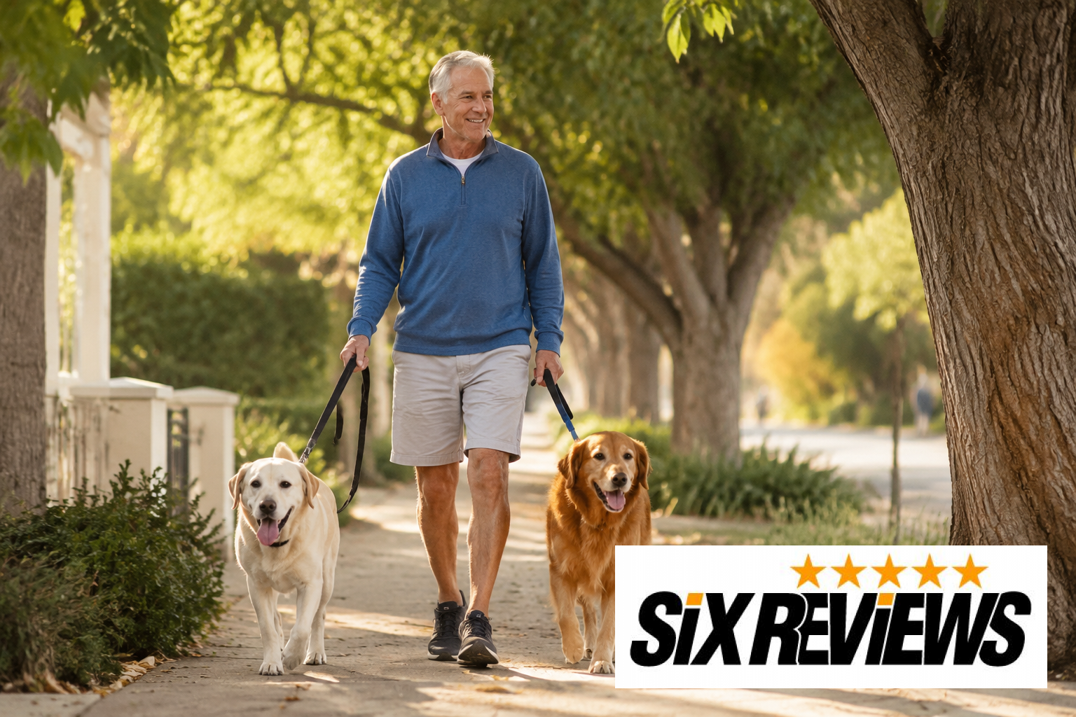 Senior man walking two dogs as a part-time pet sitting job