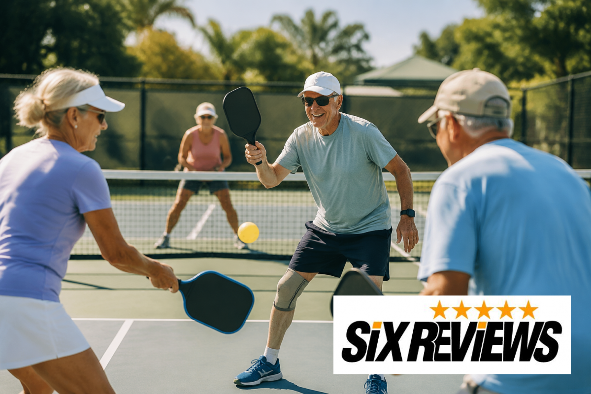 Group of smiling seniors playing pickleball together outdoors on a sunny day