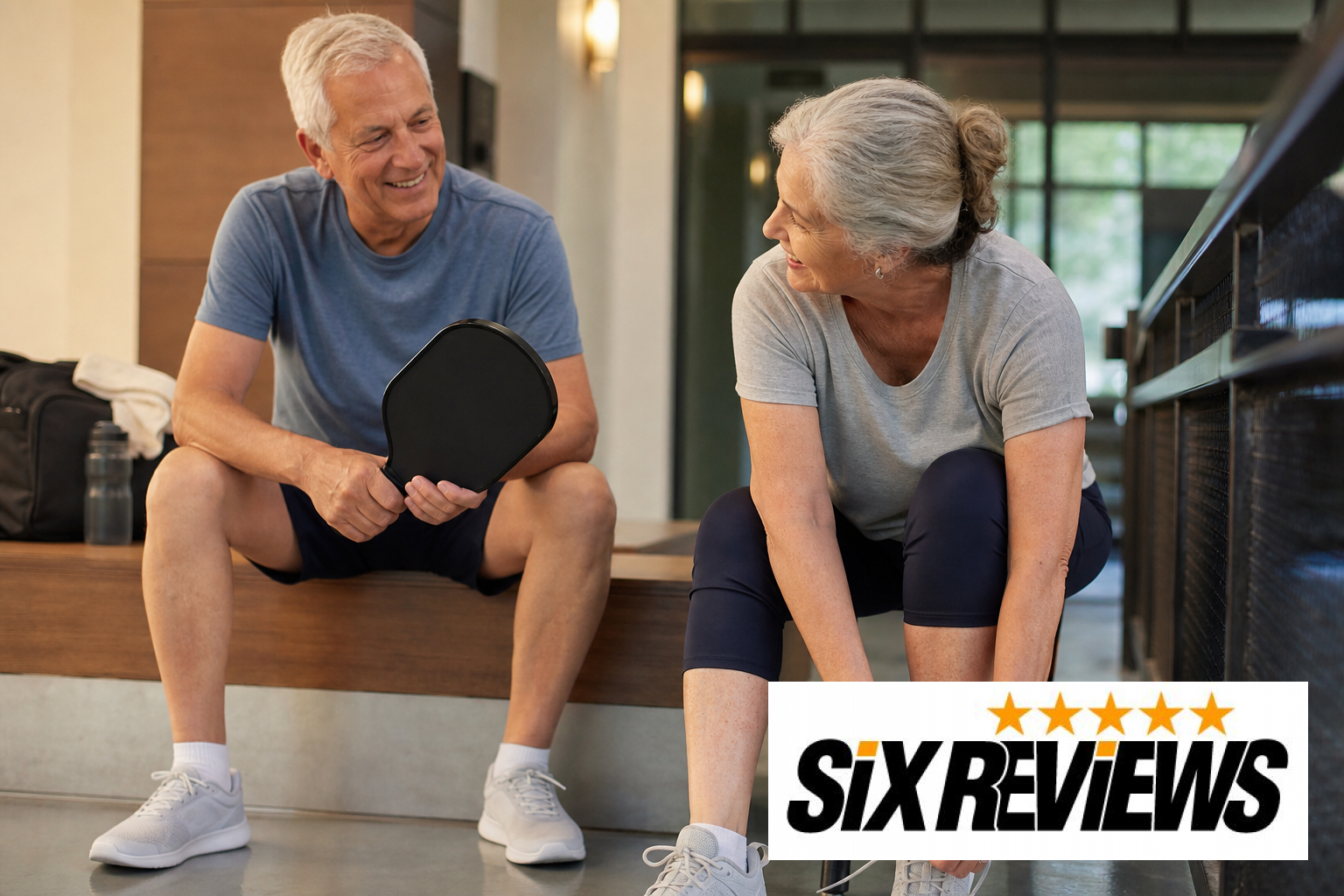 Senior couple getting ready to play pickleball at an indoor recreation center