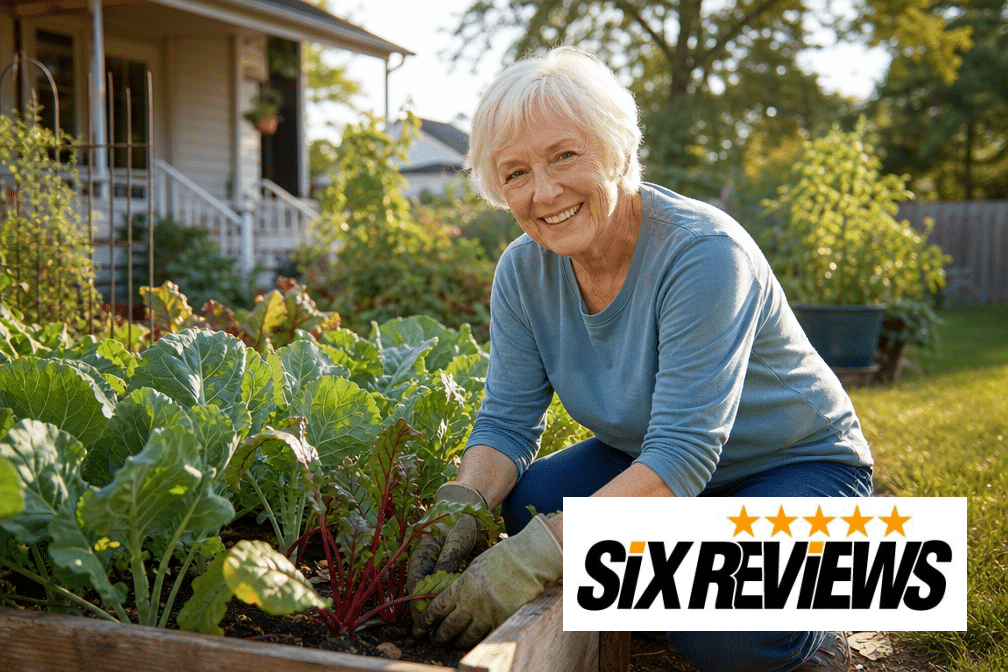 Smiling senior woman gardening in a sunny backyard