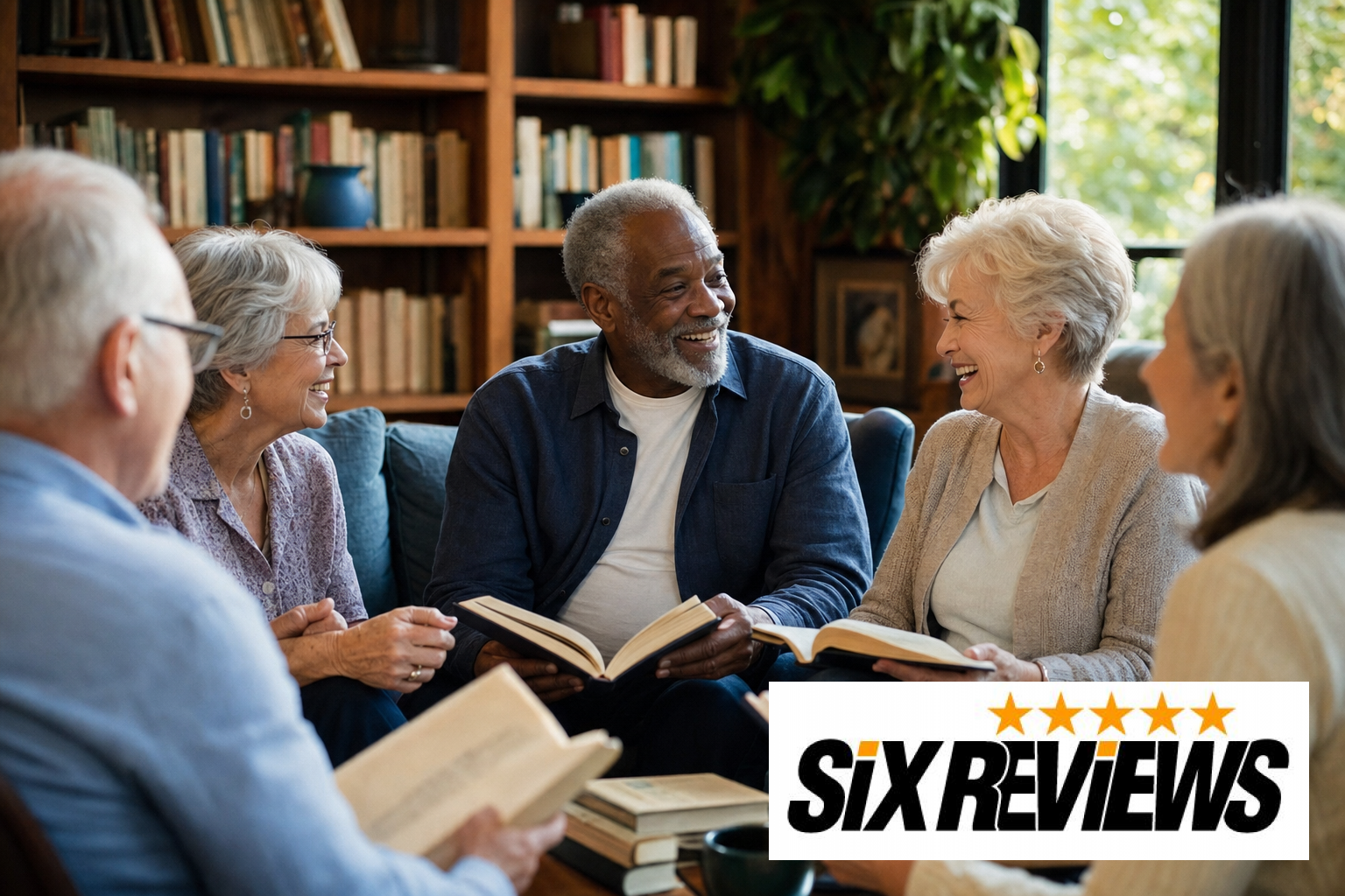 Group of seniors enjoying a book club discussion at the library