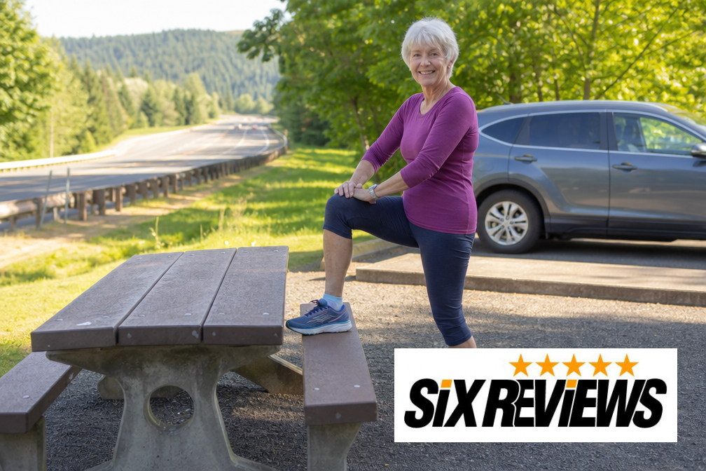Senior woman stretching and smiling during a rest stop break on a road trip