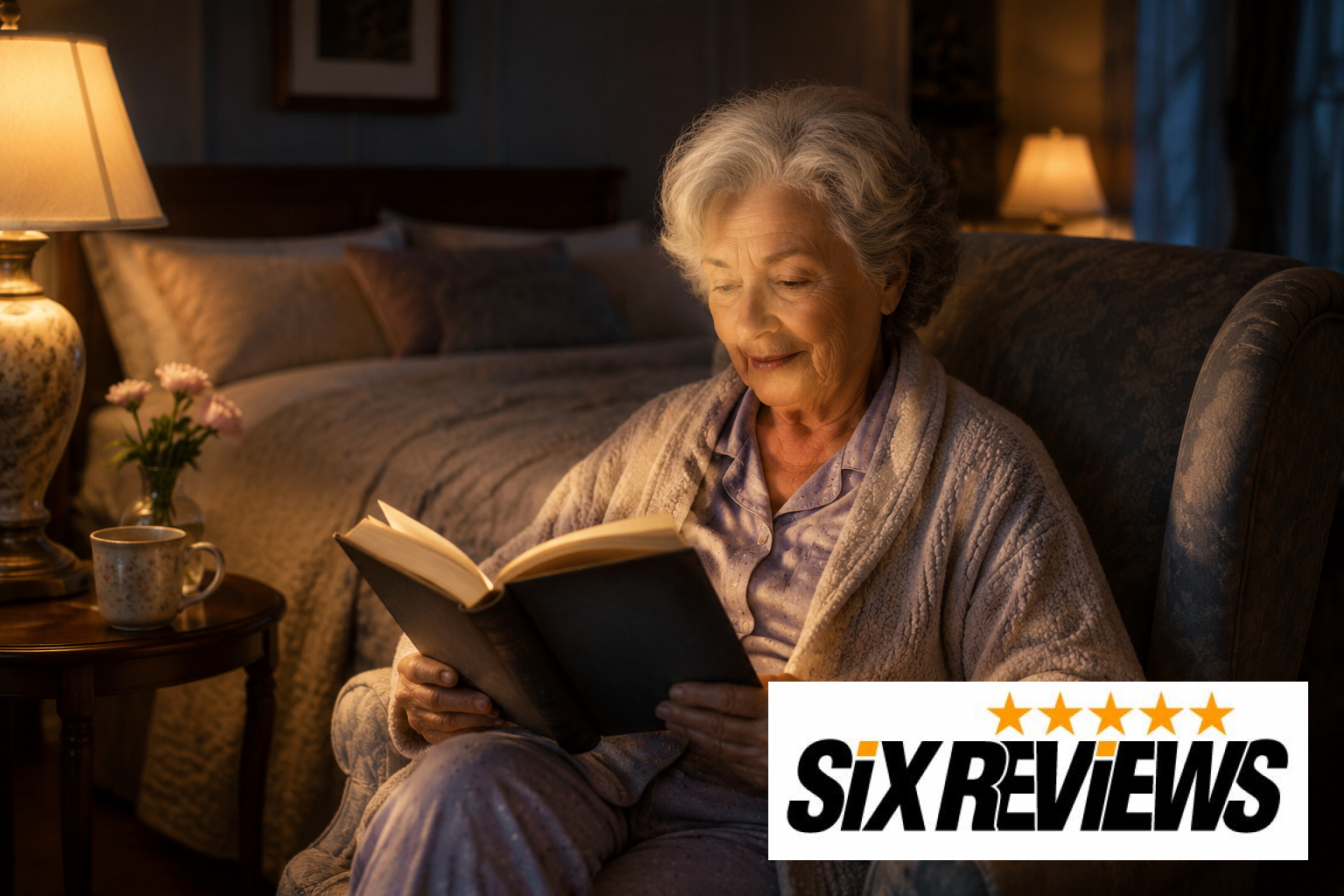 Senior woman reading calmly by lamplight during her evening wind-down routine