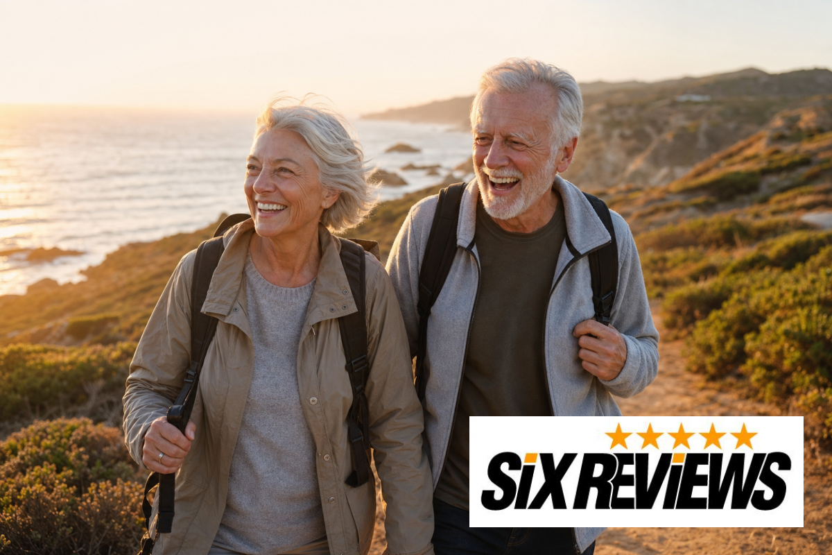 Senior couple walking together on a scenic coastal path while traveling