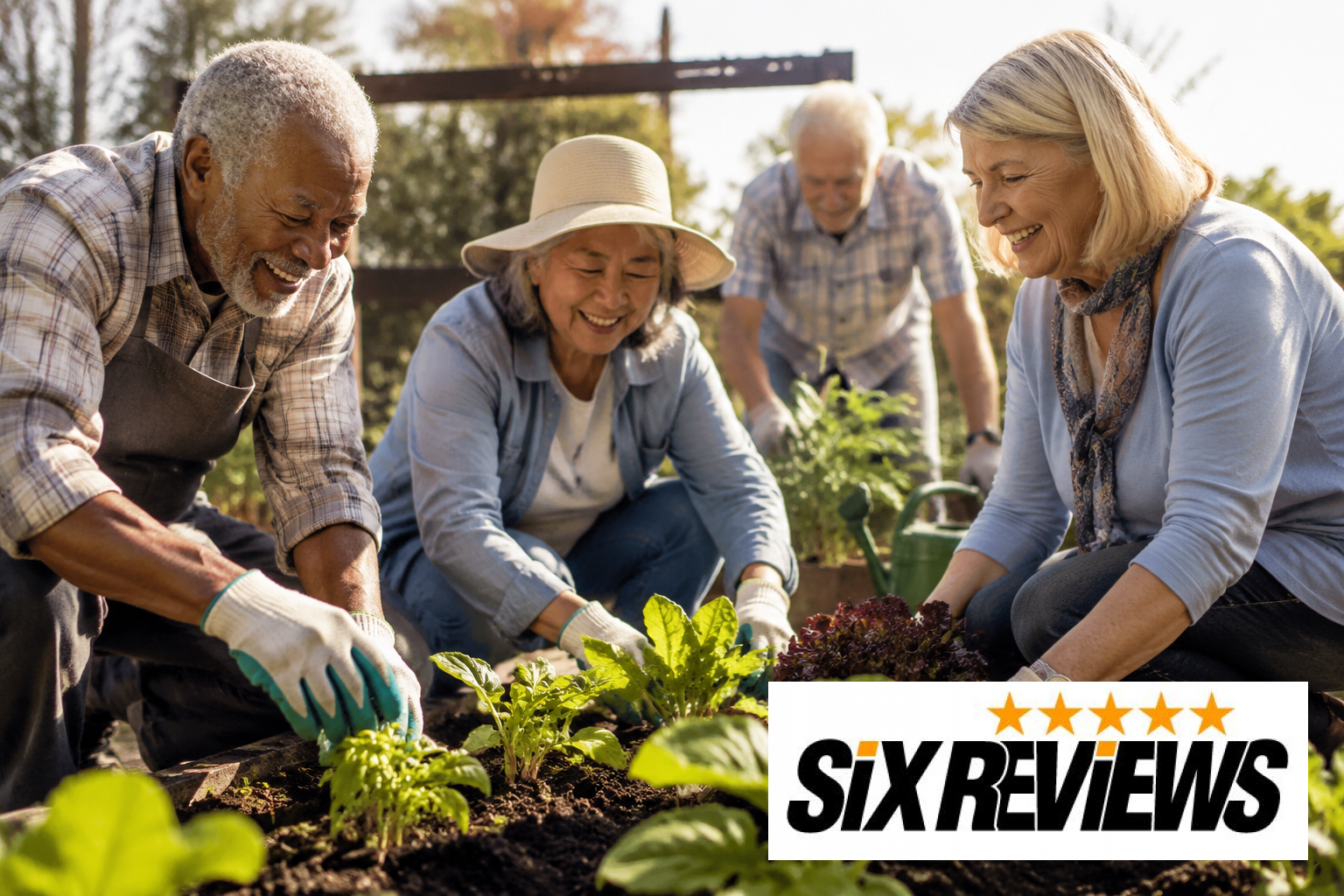 Group of seniors working together in a community garden
