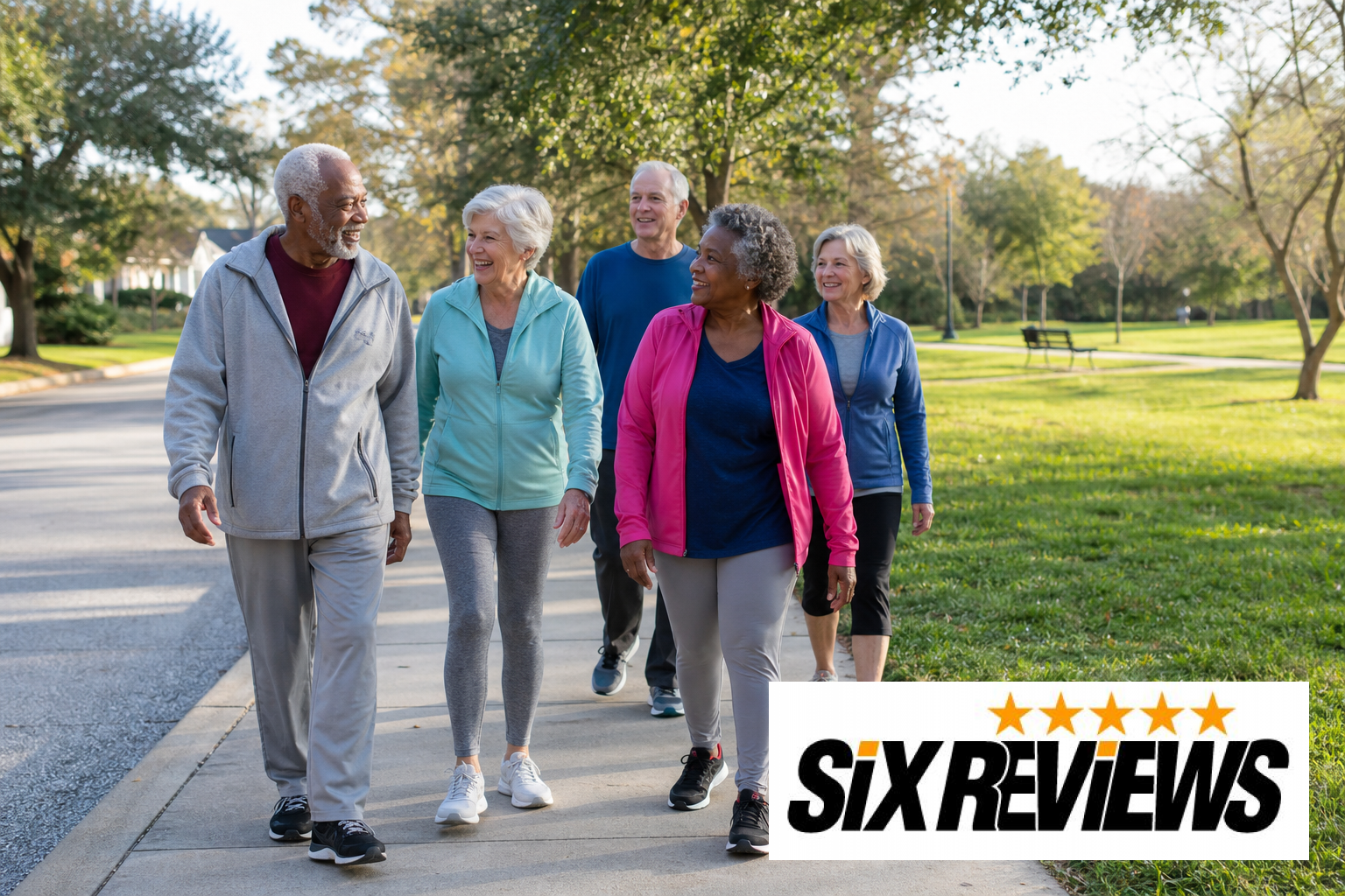 Group of seniors walking and chatting together outdoors