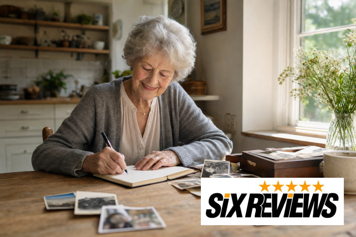 Senior woman smiling while writing her life story at a kitchen table surrounded by old photos
