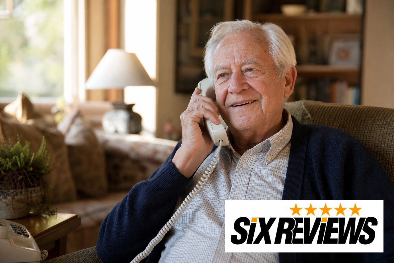 Senior man speaking on a landline phone while sharing memories for his life story